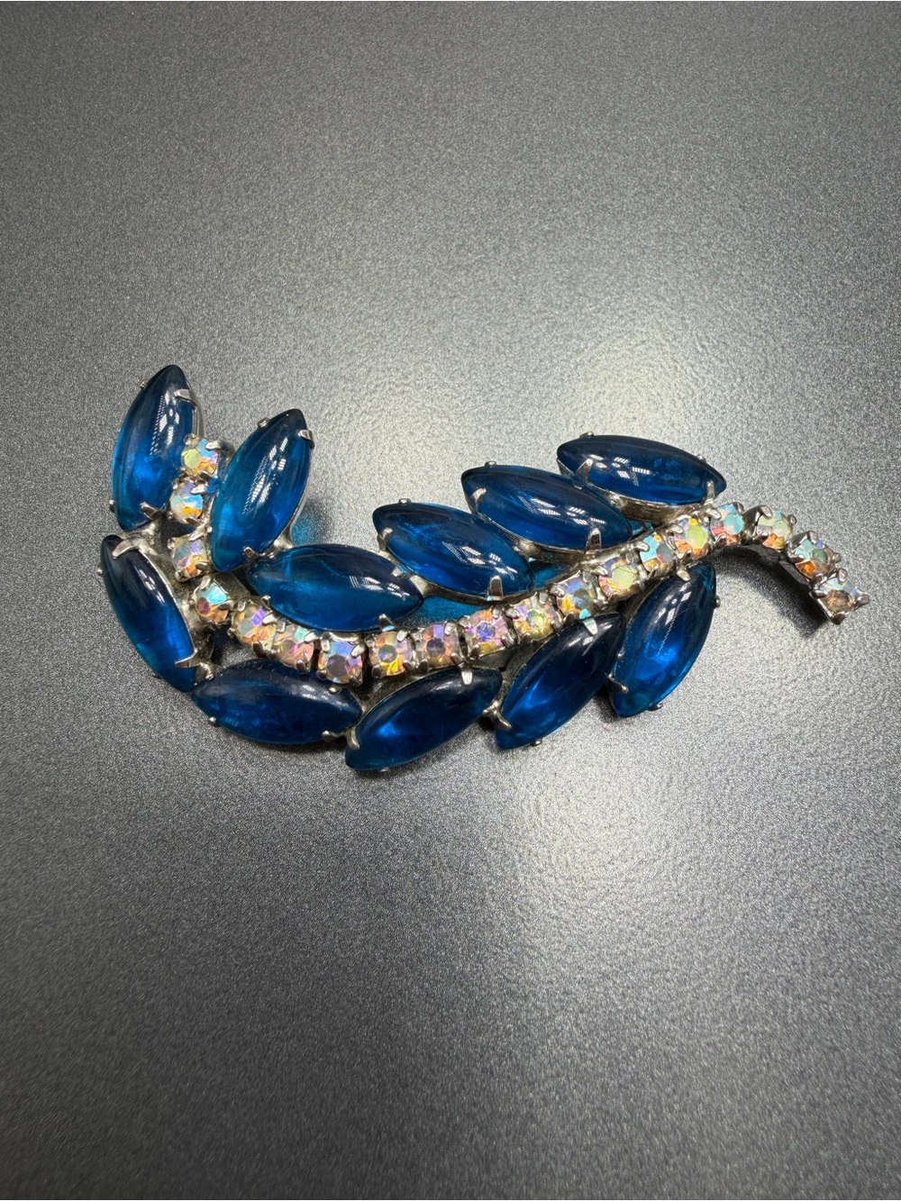 Vintage Blue Marquise Art glass Leaf Brooch #266UB
